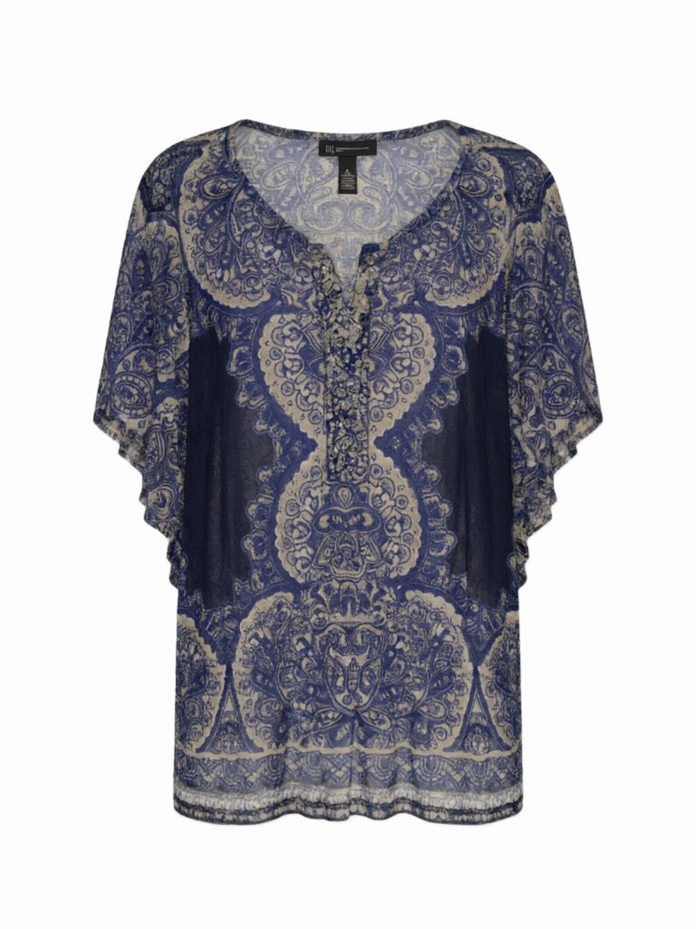 INC International Concepts Blue Beige Women's Sheer Kaftan Top L